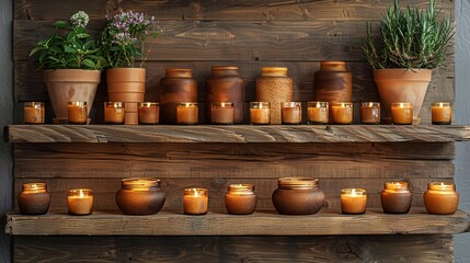   A wooden shelf, adorned with an assortment of colorful pots and flickering candles, sits alongside a lush potted plant - obrazy, fototapety, plakaty