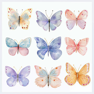 Versatile watercolor clipart set featuring a pack of butterflies in delicate pastel colors. Perfect for adding a playful and artistic flair to various projects.