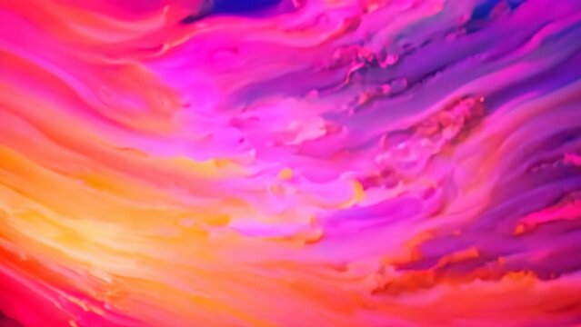 This photo captures a vivid painting depicting a sky filled with vibrant colors and fluffy clouds, An abstract portrayal of a sunset with streaks of pink, purple, and orange, AI Generated