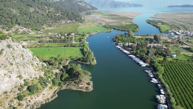 Dalyan Town riverside drone view in Mugla Province of Turkey