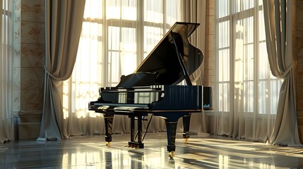 A high-definition, ultra-realistic image of a sleek, black grand piano with polished ebony...