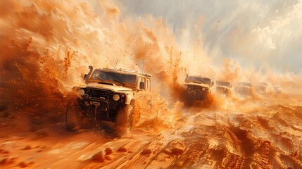 A squadron of military vehicles charging through the desert, their powerful engines roaring as they leave trails of swirling dust behind. - obrazy, fototapety, plakaty