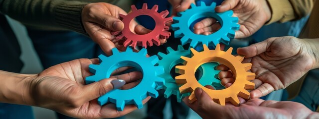 A group of hands holding colored gears, symbolizing collaboration teamwork and growth in business or social connections