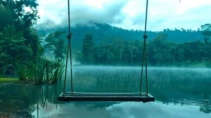 Serene lakeside swing at dawn, tranquil nature scene. Empty swing overlooking misty lake surrounded by forest. Perfect for meditation and relaxation imagery. AI