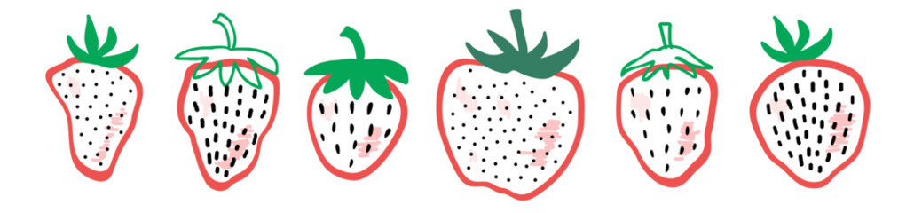 Strawberry set hand drawn doodle lineart sketch isolated on white. Scribble vector Food for sticker, logo, diet concept, farmers market. Sketch Logo illustration of healthy berry. Red strawberries.