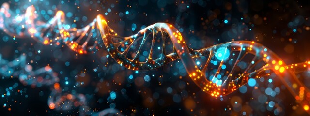 3D render of a double helix DNA structure floating in space, glowing and sparkling with energy. Dark blue background creates an atmosphere of mystery and science fiction.