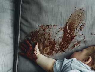 Photo of a baby hand covered in chocolate on gray sofa fabric, generated with AI