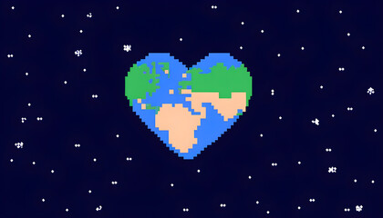 Fototapeta na wymiar earth in the form of heart, pixel art, global love day earth day