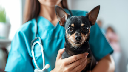 Black toy terrier in a veterinary clinic