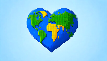world map with heart, pixel art global love day