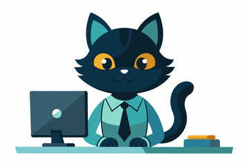 cat in clothes works at the computer and smile vector illustration