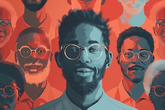 A painting featuring a man wearing glasses in the center, surrounded by a diverse group of people engaging with him