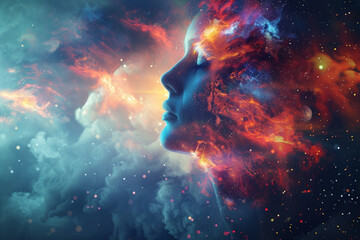Galactic Woman Face Blending with Cosmic Nebula, Surreal Space Art