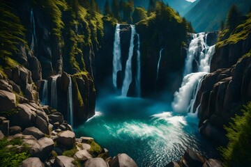 A breathtaking panoramic view of a majestic waterfall cascading down a steep mountainside, captured with incredible detail in 4K resolution. The fine textures and vibrant colors make 