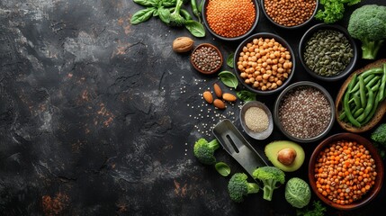  Tabletop filled with various bean bowls and broccoli on a black background