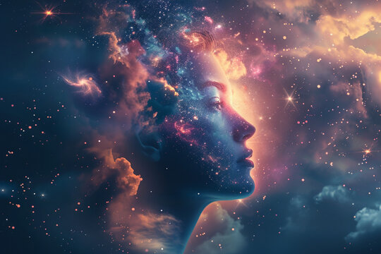 Cosmic Face Portrait with Starry Galaxy, Mystical Space Concept
