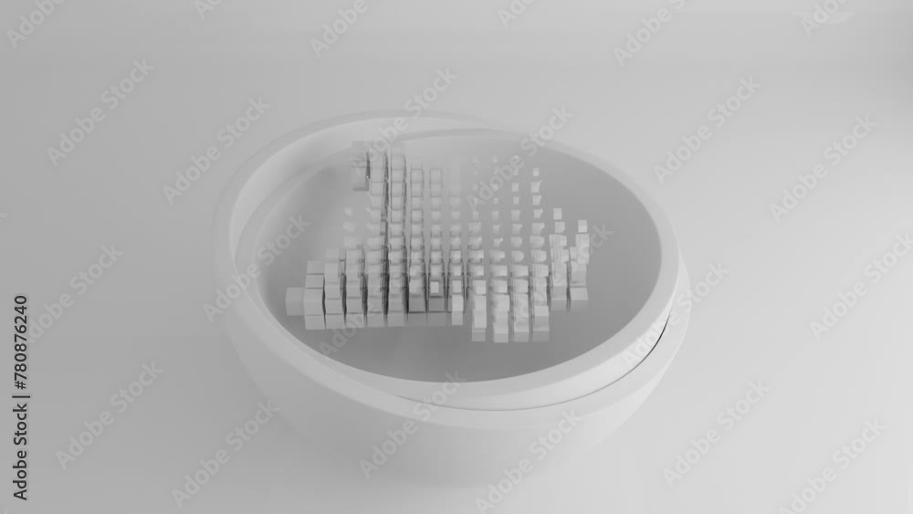Poster abstract 3d animation of a white hemisphere inside which an array of cubes and pixels of white color