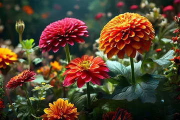 Foto op Aluminium A kaleidoscope of hues and patterns created by a cluster of vivid dahlia blooms in a lively garden beneath the warm embrace of the sun  © Baloch Arts