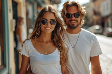 Stylish young couple in sunglasses and white t-shirts strolling down the street. Concept Fashion Photography, Street Style, Couple Portraits, Sunglasses Trend, Urban Lifestyle