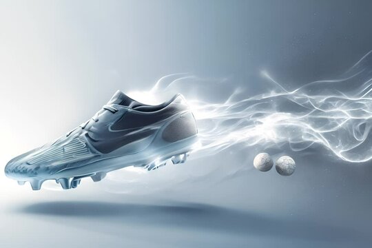Dynamic football shoe with energetic blue smoke trails, ideal for sports advertising and dynamic product showcases