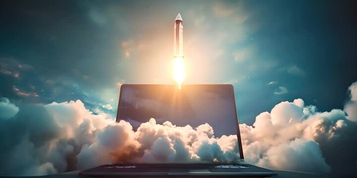 Creative digital launch concept with a rocket blasting off from a laptop, perfect for start-up promotion and tech innovation themes