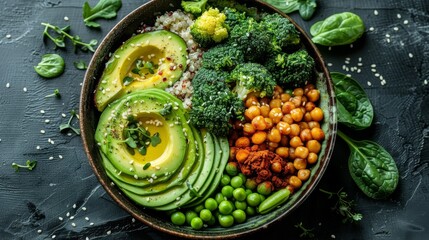   A zoomed-in photo of a bowl full of various foods including broccoli, peas, and avocado