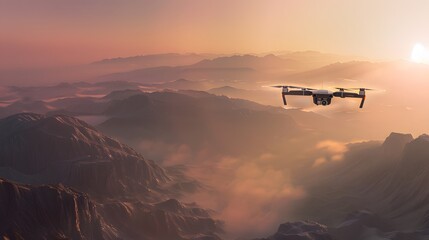 A high-tech drone hovering over a serene mountain landscape at sunrise, equipped with multiple...