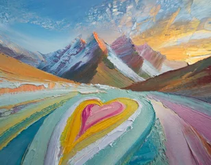 Rolgordijnen Vibrant textured painting of a mountain landscape featuring a heart-shaped pattern in the foreground © Emil
