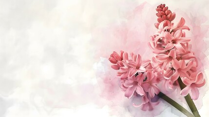 Light background with pink hyacinths in watercolor style. Place for text. Background for Mother's Day, birthday.