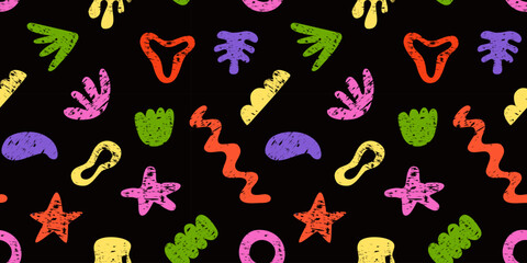 Seamless pattern with hand drawn naive bizarre playful abstract shapes in doodle grange style. Colourful geometric elements. Brush stroke style.	