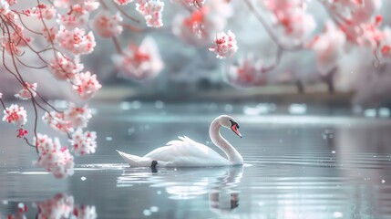 a graceful swan swimming in the lake - obrazy, fototapety, plakaty