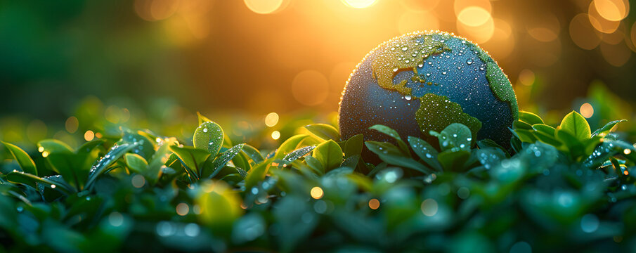 A green background with an earth globe, plant leaves and some water drops. Green background, soft ambient light. Environmental protection and the planet's health in ecofriendly technology concept.