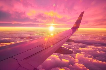Romantic view of plane wing covering a colorful sunrise painting clouds pink orange with yellow...