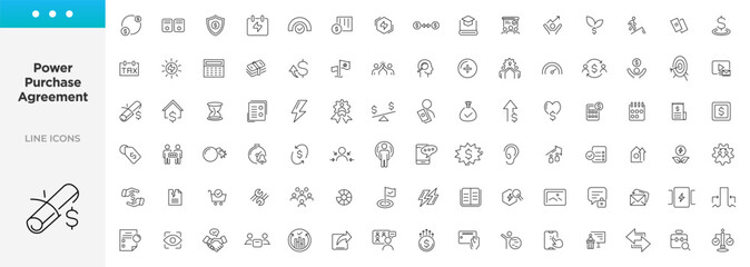Power purchase agreement linear icons set. UI icon set in flat line design. Thin outline icons pack.