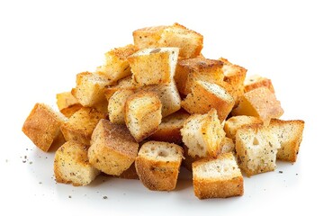 Round bread croutons with spices on white background Snack