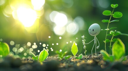  A white line art stick figure with a smile on his face, is planting small plant seeds
