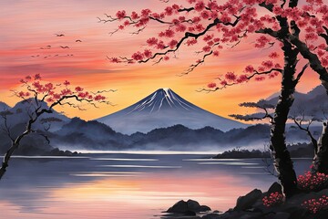 Japanese mountain landscape adorned with delicate cherry blossoms, capturing essence of tranquility, beauty. For interior, commercial spaces to create stylish atmosphere, print.