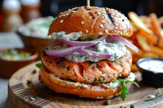 Salmon burger with homemade tartar sauce and onion