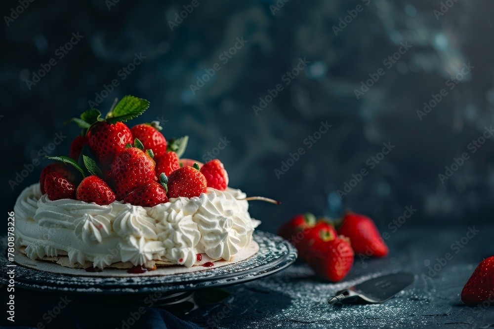 Sticker selective focus on a dark background emphasizes anna pavlova cake topped with cream and strawberries