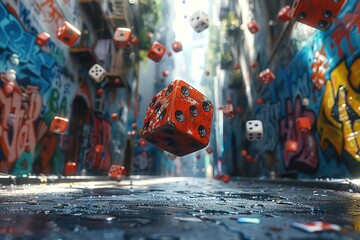 A low-angle shot frames a street dice game against the backdrop of a graffiti-covered wall - obrazy, fototapety, plakaty