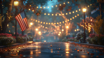 American flag in the city with blur background, memorial day, american flag on the street, Ai generated - obrazy, fototapety, plakaty
