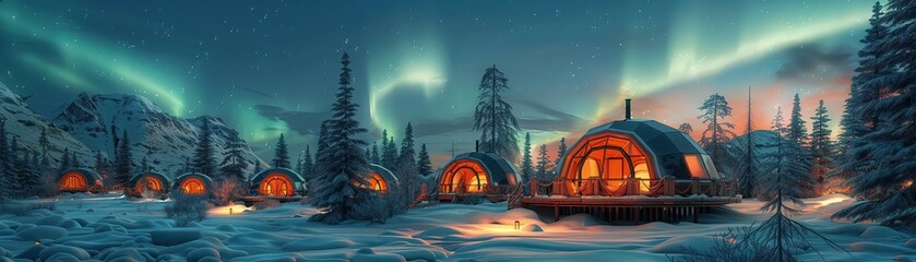 Beneath the northern lights of the Arctic Circle a series of glass igloos have been constructed - obrazy, fototapety, plakaty
