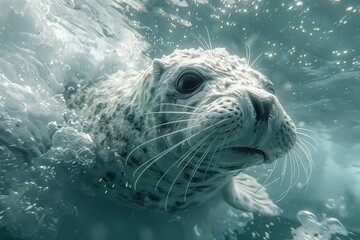 In the icy waters of the polar regions a seal-person dives deep