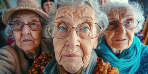 A group of grandmother is taking selfie looking at the camera