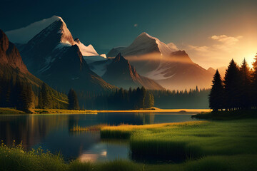 Free photo a painting of a mountain lake with a mountain in the background - obrazy, fototapety, plakaty