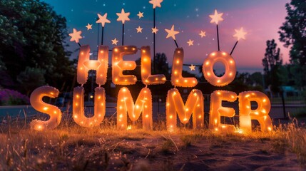 HELLO SUMMER boldly shines in glowing inflatables, accompanied by star wands against the backdrop of a twilight sky. - obrazy, fototapety, plakaty
