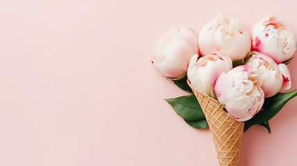 Peony flowers in the waffle cone on pink background