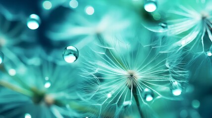 Dew drops on a dandelion seed macro on blue background