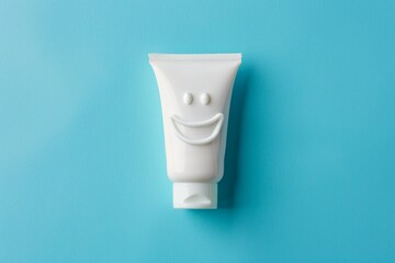 Smiling face toothpaste on blue background whitens and refreshes Text space available - obrazy, fototapety, plakaty