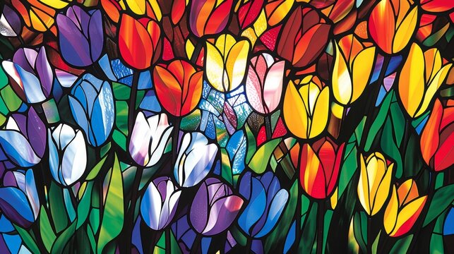This vibrant image captures the essence of a tulip festival through a stained glass art inspired design, featuring a mosaic of colorful tulip blooms against a dark background